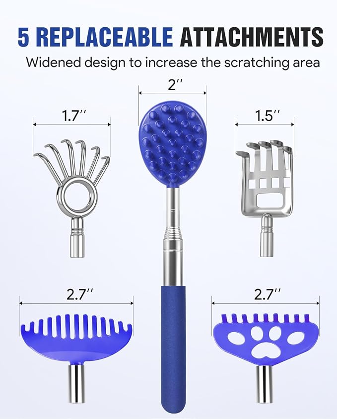 Gelibo Telescoping Back Scratcher with 5Pcs Detachable Heads, Extendable Back Massager Tool, Fathers Day Dad Gifts from Wife Daughter Son, Mens Gifts, Husband with Beautiful Box - Blue