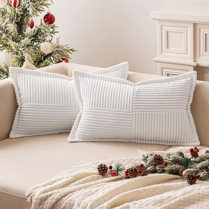 MIULEE Decorative Lumbar Throw Pillow Covers 12x20 Inch White 2 Pack | Boho Broadside Striped Patchwork Pillow Covers, Soft Corduroy Cushion Cases, For Couch Sofa Bed Livingroom Home Decor