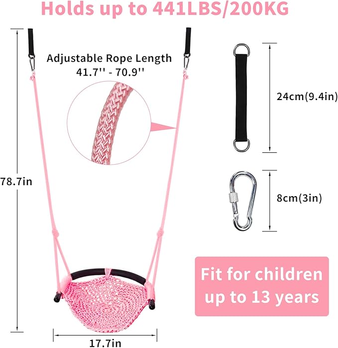 Hi-Na Tree Swing for Kids, Adjustable Toddler Rope Swing Seat with Snap Hooks and Straps, 440 lbs Capacity, Swingset Accessories for Indoor Porch Doorway Outdoor Playground Backyard (Pink)