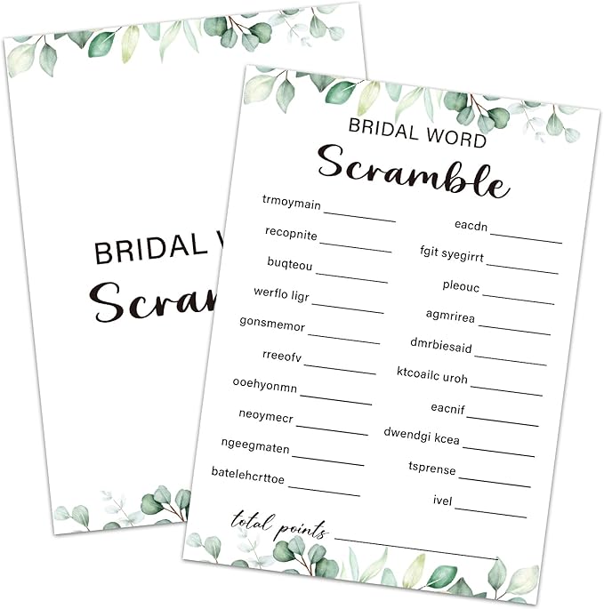 30 Pcs Bridal Word Scramble Game Wedding Shower Games, Bridal Shower Games 30 Guests for Engagement Wedding Party (Eucalyptus Botanical Style) -0015