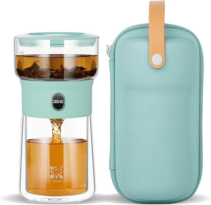 ZENS Modern Glass infuser Teapot, Small One Touch Tea Maker for Loose Tea Diffusers with 200ml Insulated Cup and Blue Portable Carry Case, Magic Gongfu Tea Pot for Tea Lovers Gifts