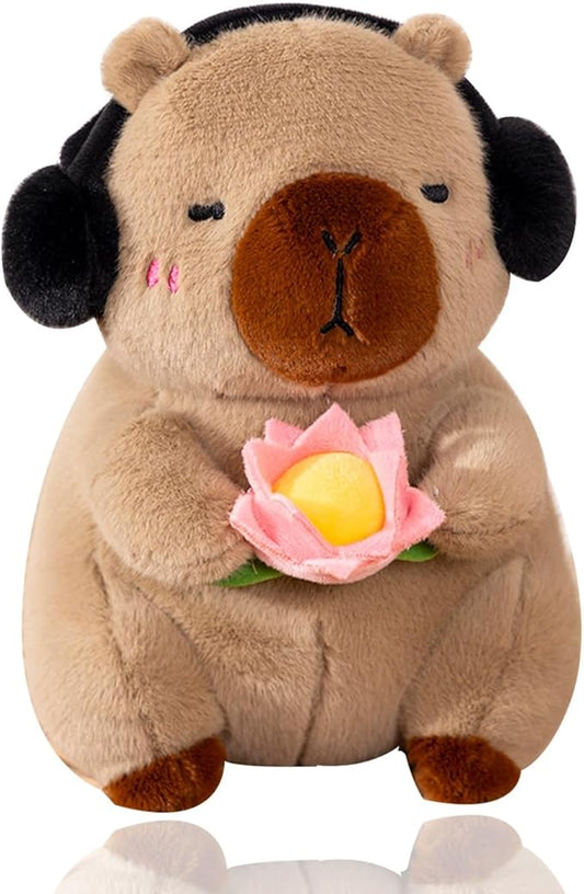 Soft Capybara Plush Doll Pillow with Headphones and Pink Rose, Capybara Stuffed Animal Toy for Kids, Home Decorations Gifts 10 inch