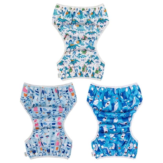 Babygoal Baby Boy Swim Diapers 3 Pack for 8M-3T Babies and Toddlers, Reusable Adjustable Washable for Swimming Lessons-Dinosaur,Shark,Fish