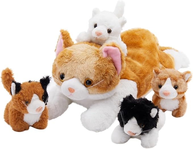 WEWILL 15'' Cat with Kittens Stuffed Animals, Mommy Plush Toy with 4 Baby Kittens, Cute Surprise for Imaginative Play, Cozy Magical Pillow Plushie for Girls, for Kids and Cat Lovers