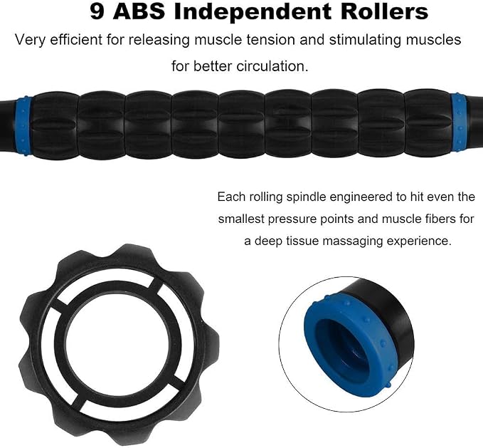 YANSYI Professional 9-Roller Deep Tissue Massage Stick - Portable Muscle Recovery Roller for Athletes, Relieves Post-Workout Soreness & Leg/Back Pain - Portable Physio Tool (Blue 1)