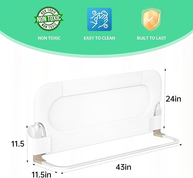 UPGOGO Folding Bed Rail for Toddlers,Baby Bed Rail Guard with Reinforced Anchor Safety System,Fit Bunk,Full Size,Queen,King,Twin(White,43"x23.6")