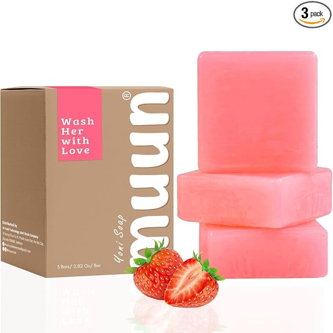 Muun Yoni Soap Bar - Pack 3 Strawberry pH Balance Natural Ingredients - Gentle Cleansing Formula Eliminates Odor Vaginal Health - Feminine Wash