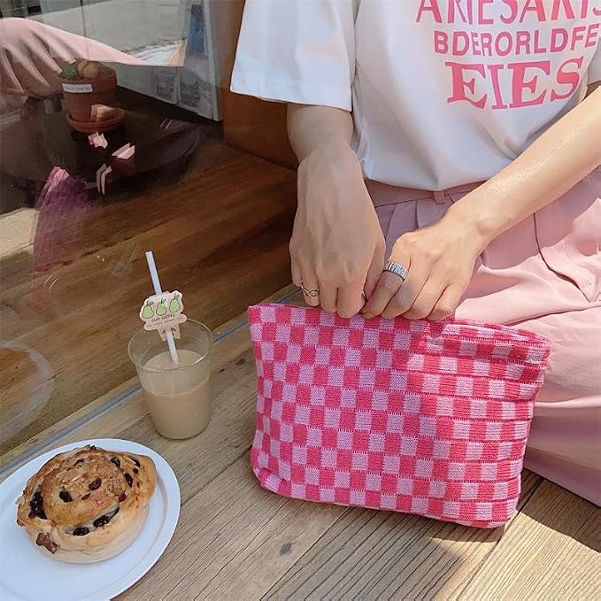 PAZIMIIK Knit Checkered Makeup Bag Large Zipper Make Up Accessory Pouch for Purse Cosmetic Brush Bag for Travel Essential,Hotpink