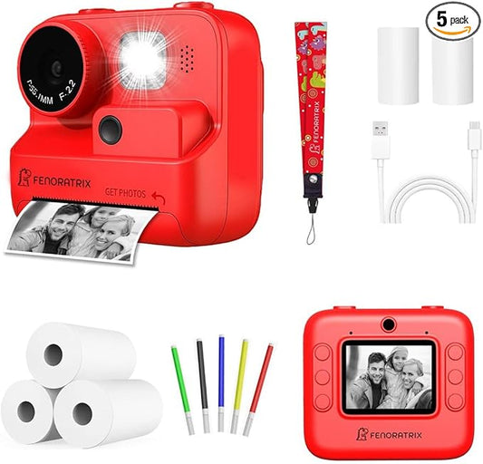 Instant Print Camera for Kids – No Ink Needed, 2.4" Screen, Selfie & 1080P Video, 10X Zoom, 3 Paper Rolls, Stickers & Markers, Fun Creative Gift for Boys & Girls Ages 3 4 5 6 7 8 9 10 – FENORATRIX RED