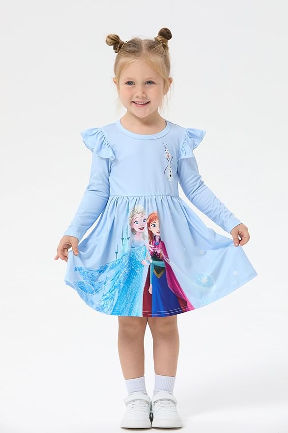 Disney Frozen Elsa Stitch Princess Minnie Mouse Toddler Girl Dresses 2 Pack Ruffle Long Sleeve Dress Set (3 Months - 6 Years)