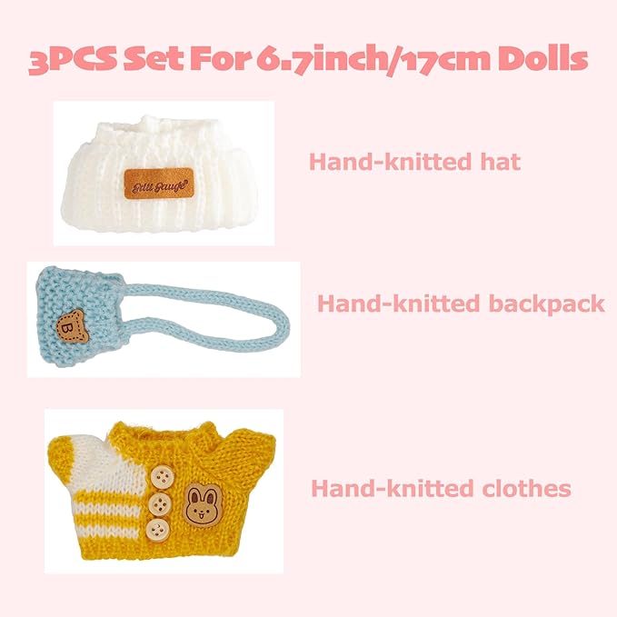 Clothes for Dolls, Clothes Set for Doll, Crochet 3 Piece Set Hat Clothes Backpack for 17cm Dolls, Stylish Adorable Dolls Clothes Accessories (No Doll) (Dark Yellow)