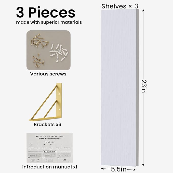 BAYKA Wall Shelves for Bedroom Decor, Floating Shelves for Living Room Kitchen Storage, Wall Mounted Rustic Wood Shelves for Kids Books,Corner Shelves for Bathroom(White and Gold，23in，Set of 3)