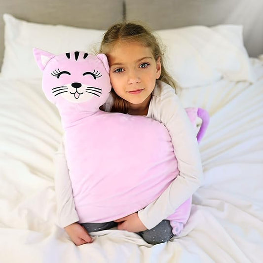 LUNAMIRA Kids Cat Plush Pillow – Cute Bedroom Decor Throw Pillow & Movie-Night Buddy, Cuddle Sleeping Pillow, Soft Comfort Toddler Travel Pillow, Washable Cover, 16”x14” Birthday for Kids