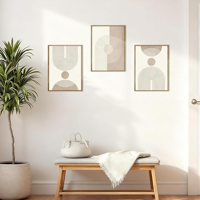 BINCUE Neutral Abstract Wall Art Boho Geometric Wall Decor Mid Century Modern Artwork for Living Room Bedroom Office 12" Lx16 W Set of 3