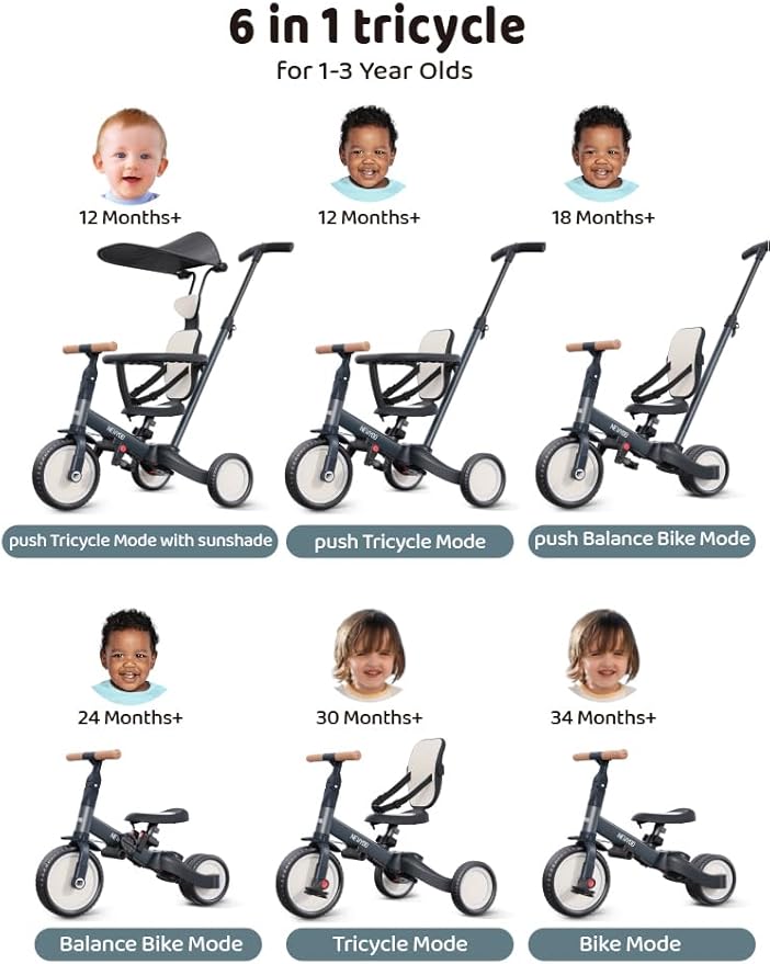 newyoo Tricycle for Toddlers 1-3, Toddler Tricycle with Push Handle and Canopy, Toddler Bike, Birthday Gift and Toys for Girl and Boy, 6 in 1 Baby Trike, Balance Bike, TR009, Dark Grey