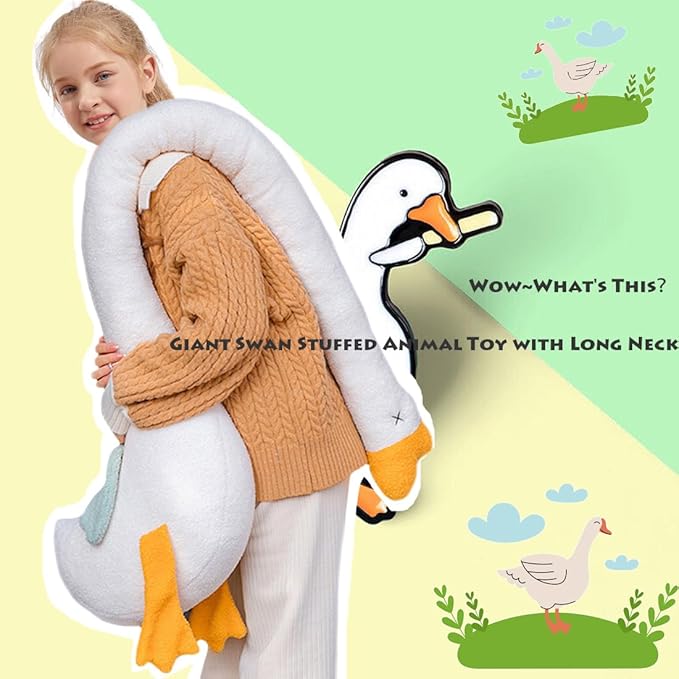 ELAINREN Giant Stuffed Swan with Long Neck,Ultra-Soft White Goose Plush Toy Pillow Cuddly Long Duck Plushie Cushion Decor Gifts for Easter/Xmas,55''