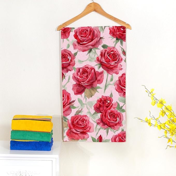 Red Roses Blossom Hand Towel Flower Green Leaf Floral Love Face Towels Suit Travel Sports Pool Swimming Bath Camping Spa Gym Yoga,15x30 Inch