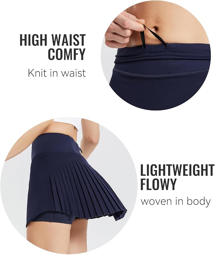 baleaf Tennis Skirt Pleated Golf Skorts with 3 Pockets | 14", Built in Shorts, High Waisted, Anti-slip Strip, Lightweight, for Athletic, Workout, Pickleball, Skorts for Women