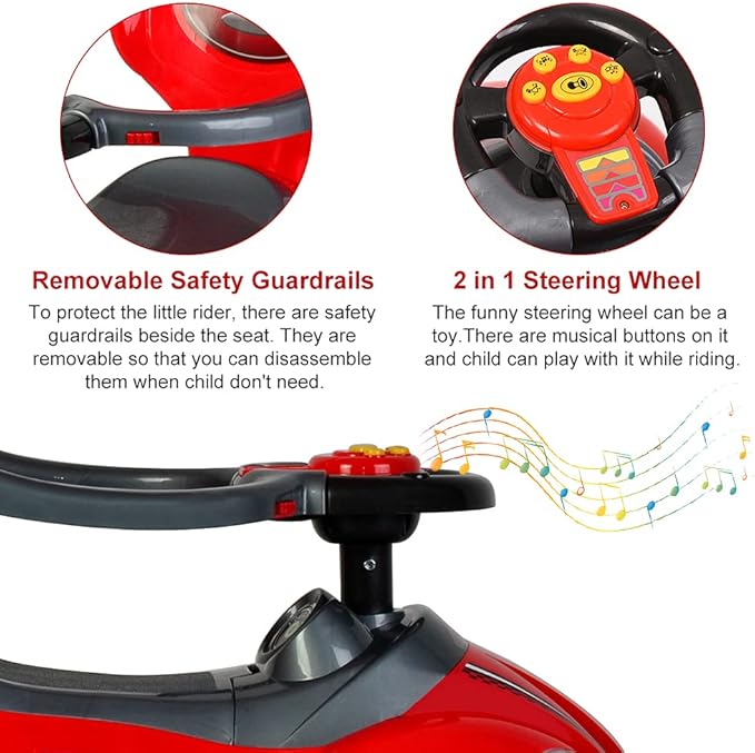 ChromeWheels 3 in 1 Ride on Toys Pushing Car with Removable Sun Visor, Mega Car for Toddlers w/Handle & Horn & Music, Color Red