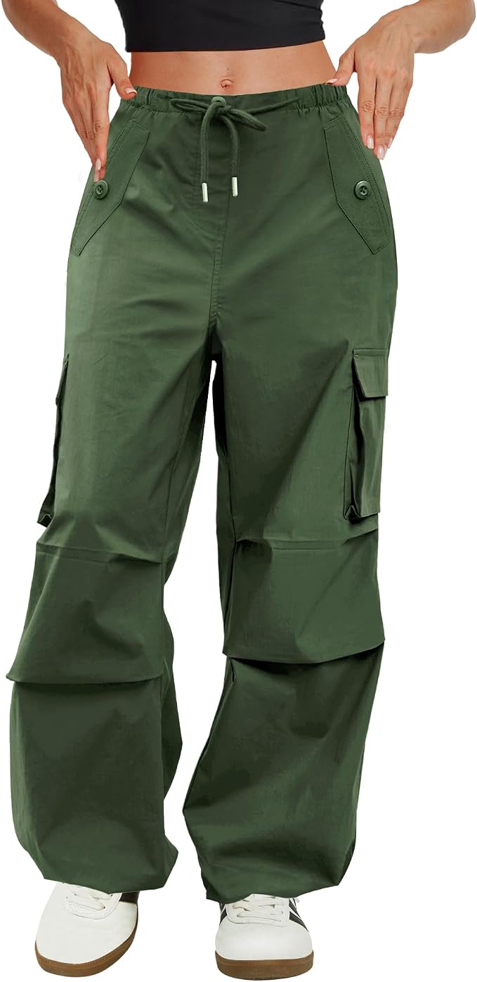 COPYLEAF Cargo Pants Women Low Waisted Parachute Pants with Pockets Loose Baggy Hiking Pants Y2K Clothes