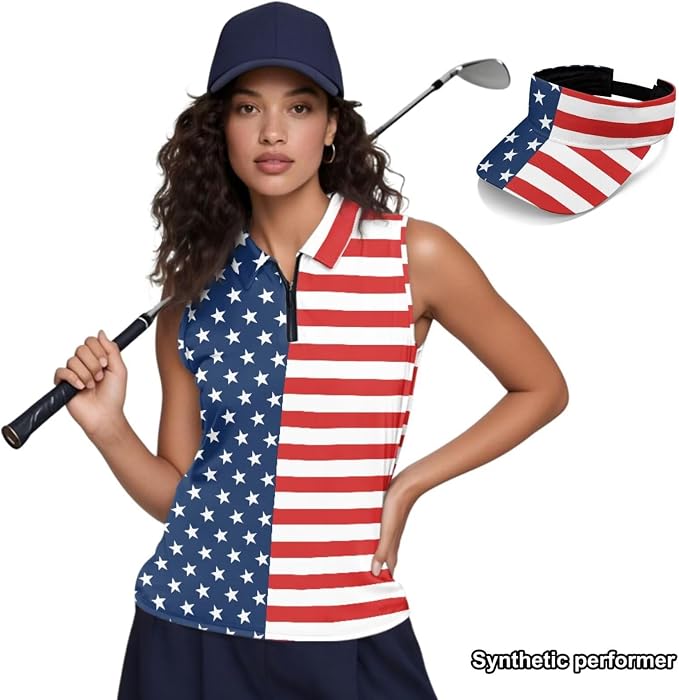 POLERO Golf Tank Top Women Golf Shirts and Visor Hat Collared Racerback Tennis Shirt Set Quarter Zip