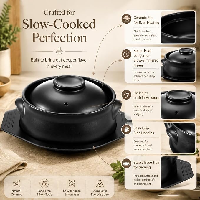 2 Pcs Korean Stone Pot Clay Cooking Pot Set, 38 oz Heat Resistant Ttukbaegi,Ceramic Dolsot Bowl with Lid & Trivet, ideal for Bibimbap, Korean Soup, Stew, Ramen & Rice