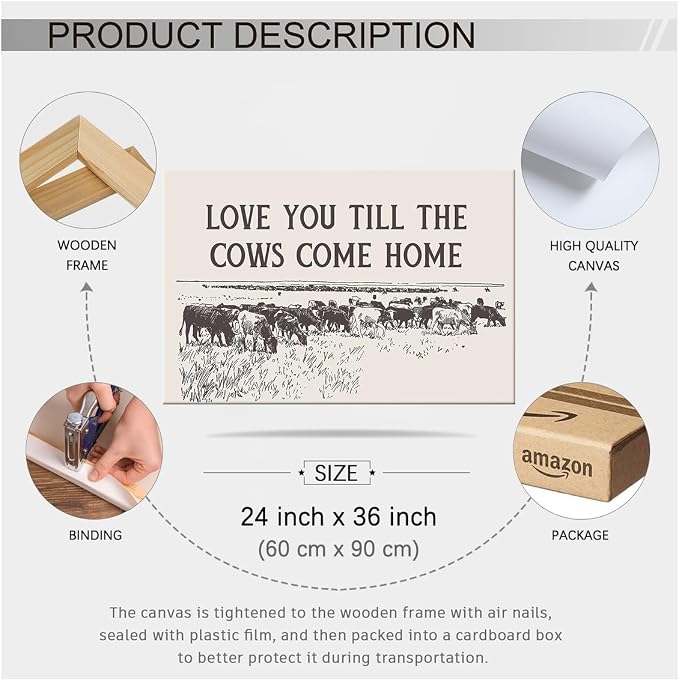 I Love You Till The Cows Come Home Wall Art Black And White Western Cowboy Poster 24X36 inch Framed Southwestern Country Animal Canvas Prints Farmhouse Living Room Wall Decor