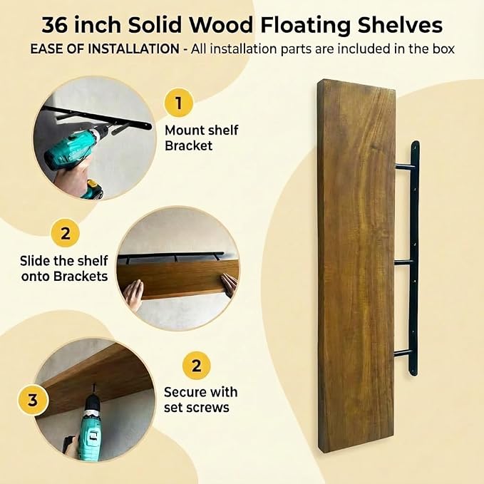 ROGMARS 36 Inches Long Walnut Floating Shelves | Rustic Solid Wood Farmhouse Wall Shelves with Invisible Brackets for Bathroom, Living Room, Bedroom, Kitchen Set of 6