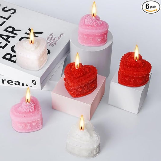 6 Pcs Valentine's Day Heart Candles- Love Heart Shape Scented Candles- Handmade Aromatherapy Candles for Valentine's Day, Wedding, Anniversary, Birthday, Home Decor (Red, White, Pink)