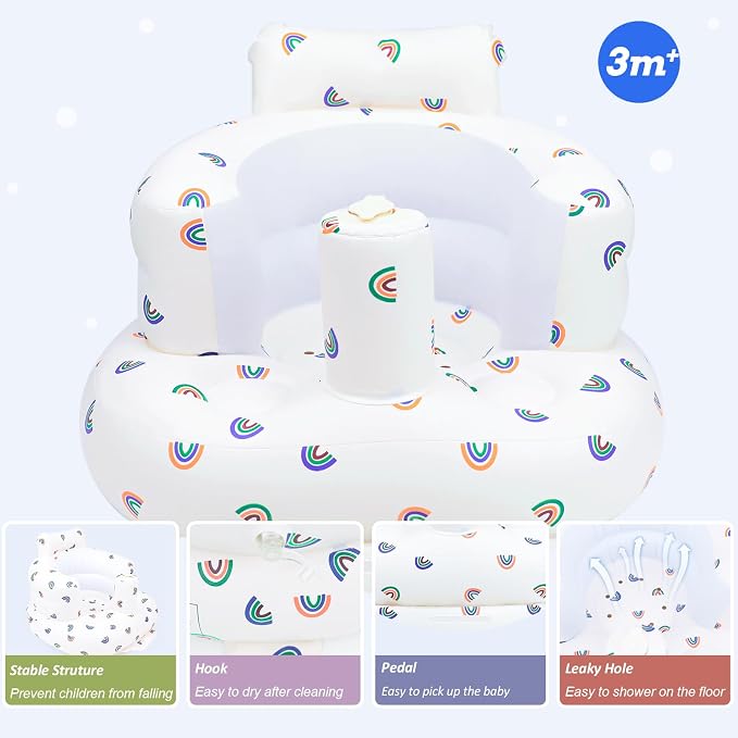 AirSwim Inflatable Baby Chair, Baby Inflatable Seat for Babies 3 Months and Up Summer Inflatable Baby Seat for Sitting Up, Blow Up Baby Floor Seat with Built in Air Pump, Rainbow