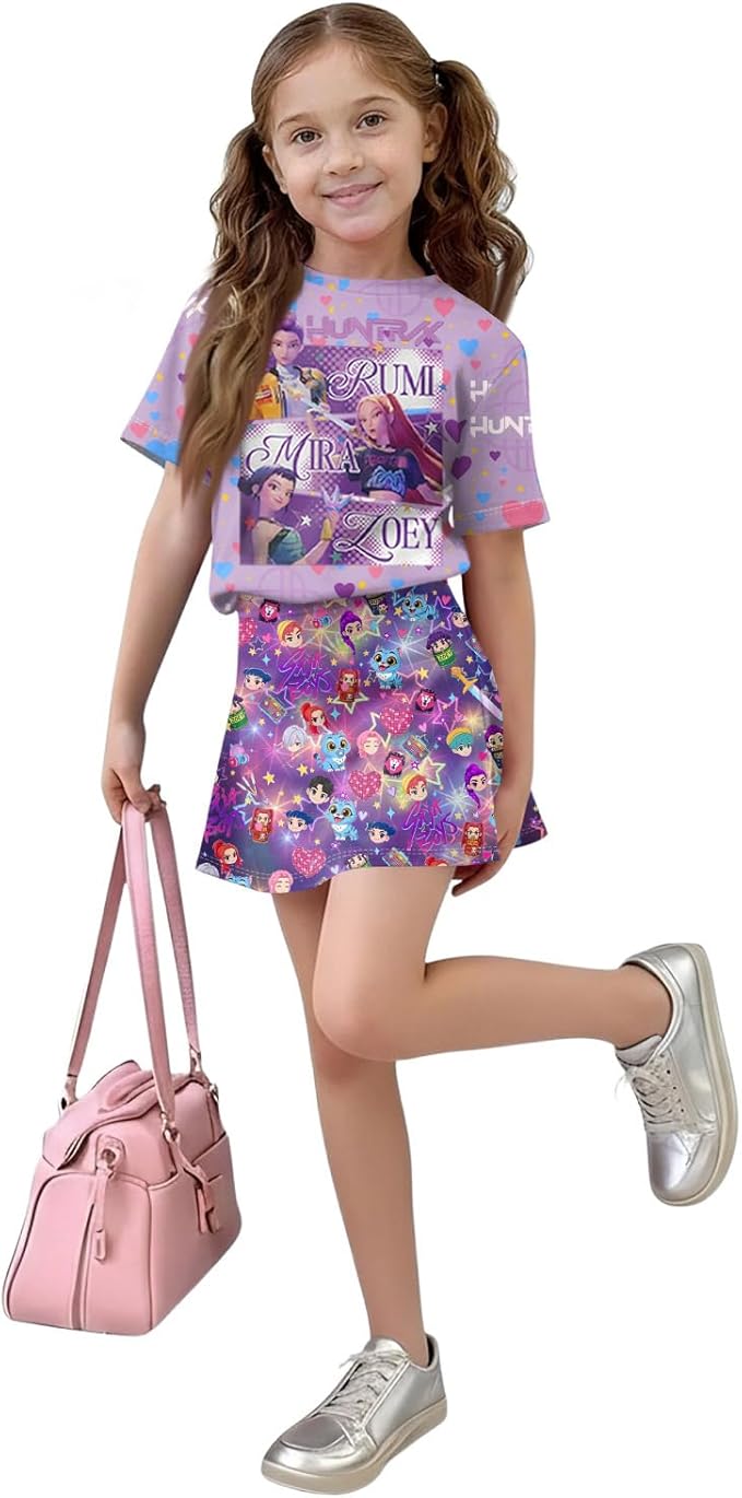 HTHLVMD K Pop Short Sleeve T-Shirt and Skirts Outfits Set for Girls Hunters Rumi Mira Zoey Graphic Tees De-Mon Costume