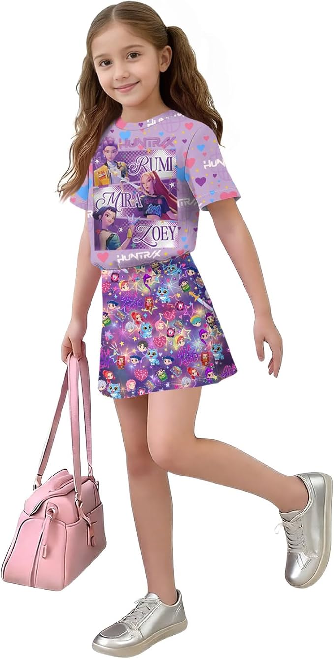 HTHLVMD K Pop Short Sleeve T-Shirt and Skirts Outfits Set for Girls Hunters Rumi Mira Zoey Graphic Tees De-Mon Costume