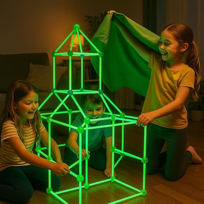 Batzo Glow-in-The-Dark Small Fort Building Kit (122 Pcs) – Sturdy Rods & Connectors Construction Set | Creative and Learning STEM Toy, Easy to Build Indoor Playhouse for Kids Ages 4+