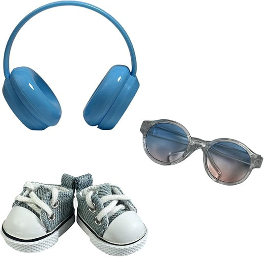 3pcs Doll Accessories Set for 17cm Doll Included Headphones, Canvas Shoes and Mini Gradient-Lens Glasses, Trendy Dress Up Accessories for 6.7 Inches 1st/2nd/3rd Gen Figures (Headphone Set - Blue)