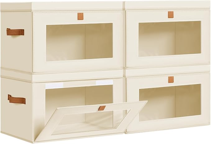 DIMJ Storage Bins with Lids - 4 Pack Large Fabric Closet Organizer with Window & Handles, Collapsible Decorative Storage Boxes for Shelves Under Bed, Books Clothes Blankets Sweaters Organization