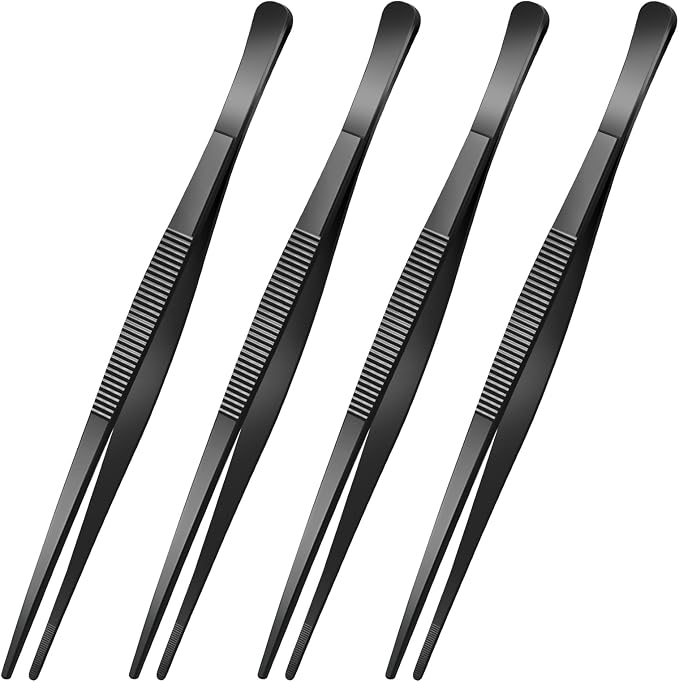 Yaomiao 4 Packs 8 Inch Bar Tweezers Black Cocktail Tongs Long Garnish Tweezers Stainless Steel Bartender Kitchen Cooking Tongs for Cocktail Food Fruit Korean BBQ Bartender Chef, Multi-use