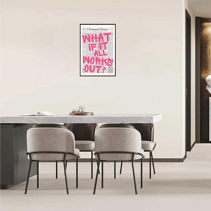 Drimiler Retro Newspaper Pink Font Poster What If It All Works Out Canvas Wall Art Positive Affirming Quote Minimalist Prints Painting For Home Bedroom Dorm Wall Decor 12x16in Framed