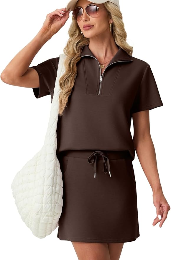 GRECERELLE Women's Summer 2 Piece Skort Set Half Zip Short Sleeve Top & Pocketed Tennis Skirt For Sports & Vacations.