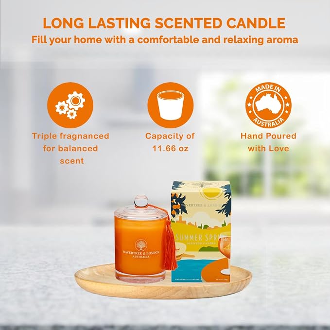 Luxury Summer Spritz Soy Wax Candle - Hand Poured in Australia, 11.66 oz Glass Jar Fancy Candle, Strong Scented, Non-Toxic, Long Lasting 60 Hour Burn, Refreshing Natural Citrus Candle Gift