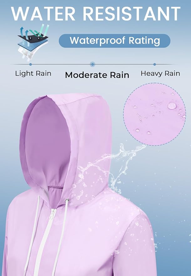 Zando Lightweight Rain Jacket Women Packable Waterproof Raincoat with Hood | Windbreaker Jacket Women, Light Raincoats for Drizzle, Rain Coats for Travel, Hiking and Commute