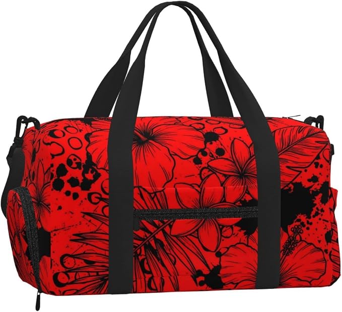 Fiokroo Sports Gym Bag Flowers Red Background Travel Duffel Bag For Men Women With Shoe Compartment Water Resistant Gym Bag Carry On Duffel Bag For Weekend Traveling Yoga Gym Sports