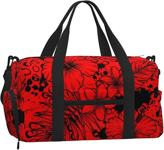 Fiokroo Sports Gym Bag Flowers Red Background Travel Duffel Bag For Men Women With Shoe Compartment Water Resistant Gym Bag Carry On Duffel Bag For Weekend Traveling Yoga Gym Sports