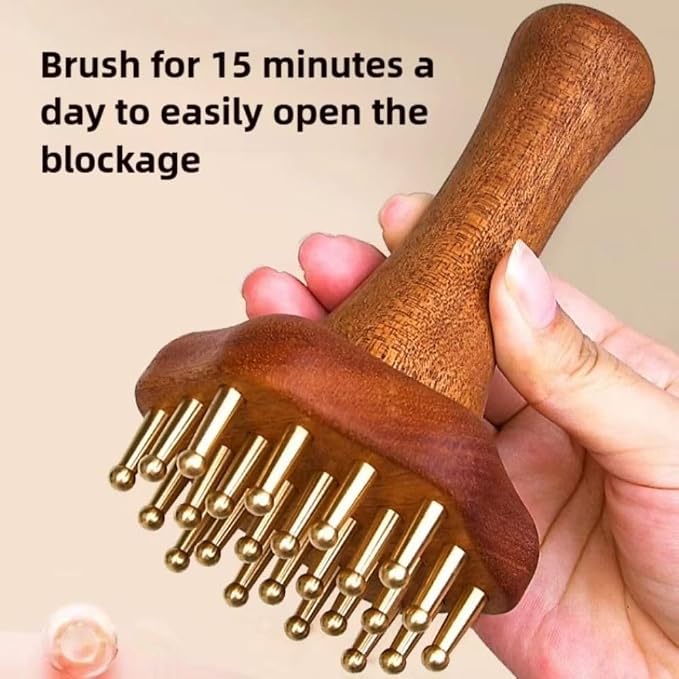 Vctitil 24teeth Copper Head Massager, Sturdy Meridian Point Massage Brush with Wooden Handle, Handheld Chinese SPA Gua Sha Tool