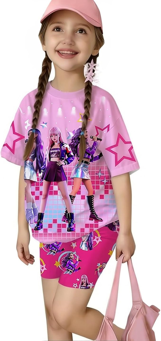 K-POP DEM0N Hunters Outfits for Girls, 2 Piece T-Shirts and Apparel Sets Birthday Gift