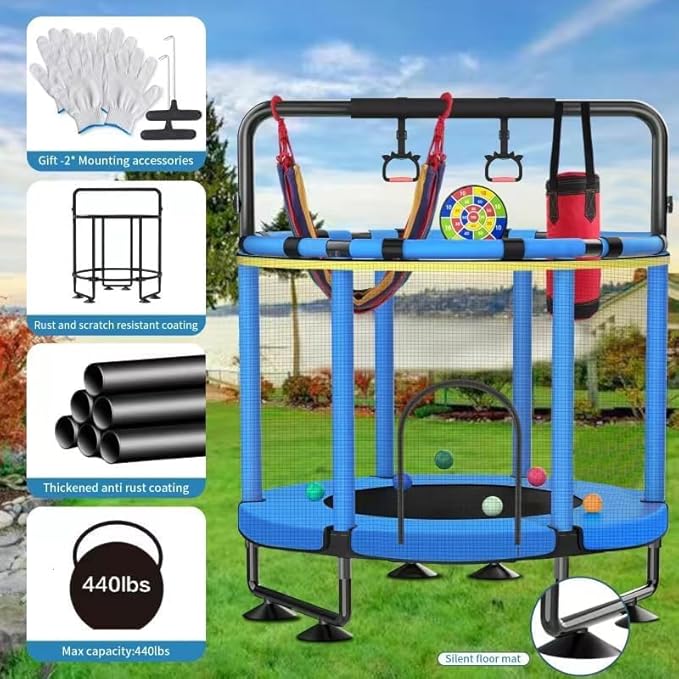 Trampoline for Kids, Upgrade Full Anti-Rust 440lbs Indoor Outdoor Toddler Trampoline with Net, 55" Adjustable Baby Toddler Trampolines Accessories Dart Board