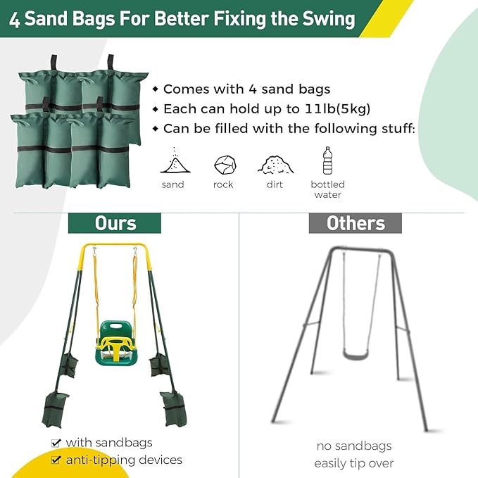 FUNLIO Toddler Swing with Foldable Metal Stand for Toddlers Aged 1~10 Years, 3-in-1 Baby Swing Set with 4 Sandbags for Backyard/Indoor/Outdoor Play, Easy to Assemble & Store, Green