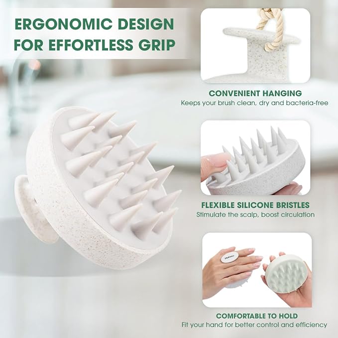 Scalp Massager Brush for Hair Growth – Silicone Scalp Scrubber & Scalp Exfoliator – Manual Scalp Massager Brush for Wet or Dry Use – Hair Massager Scalp Shampoo Brush Tool (Beige)