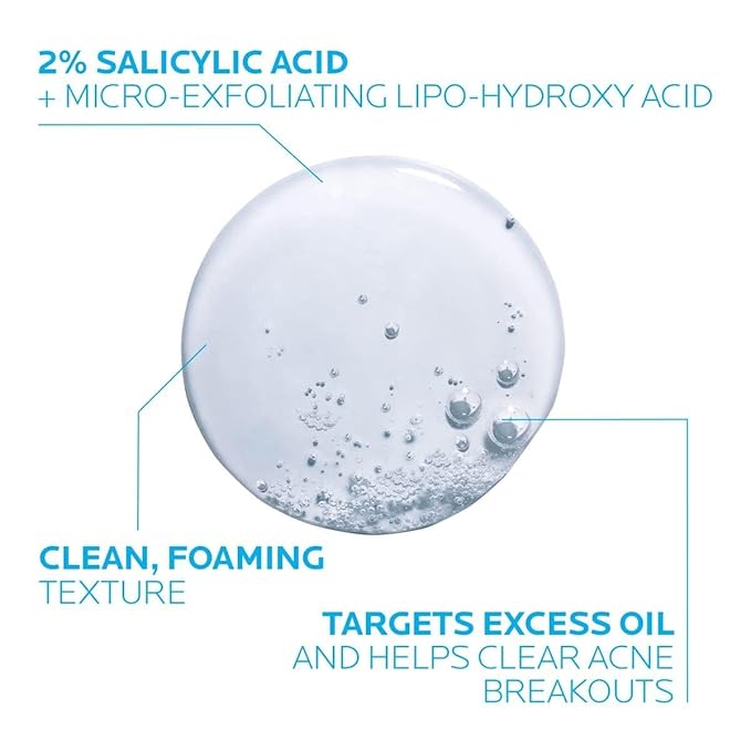 La Roche-Posay Effaclar Medicated Gel Cleanser,2% Salicylic Acid Cleanser + LHA + Glycerin,Foaming Acne Face Wash,Helps Clear & Prevent Acne Breakouts,Oil Free,Targets Excess Oil,(Pack of 2)