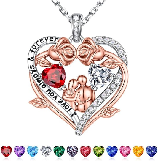 Iefil Valentines Gifts for Her Wife - 925 Sterling Silver Double Heart Birthstone Necklace, Anniversary Birthday Gifts for Women Wife Girlfriend