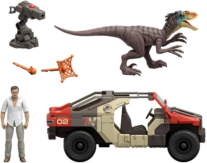 Mattel Jurassic World Rebirth Vehicle with 1 Human & 1 Dinosaur Figure, Launch ‘N Battle Truck, Martin Krebs Figure & Raptor, Turret & 2 Projectiles
